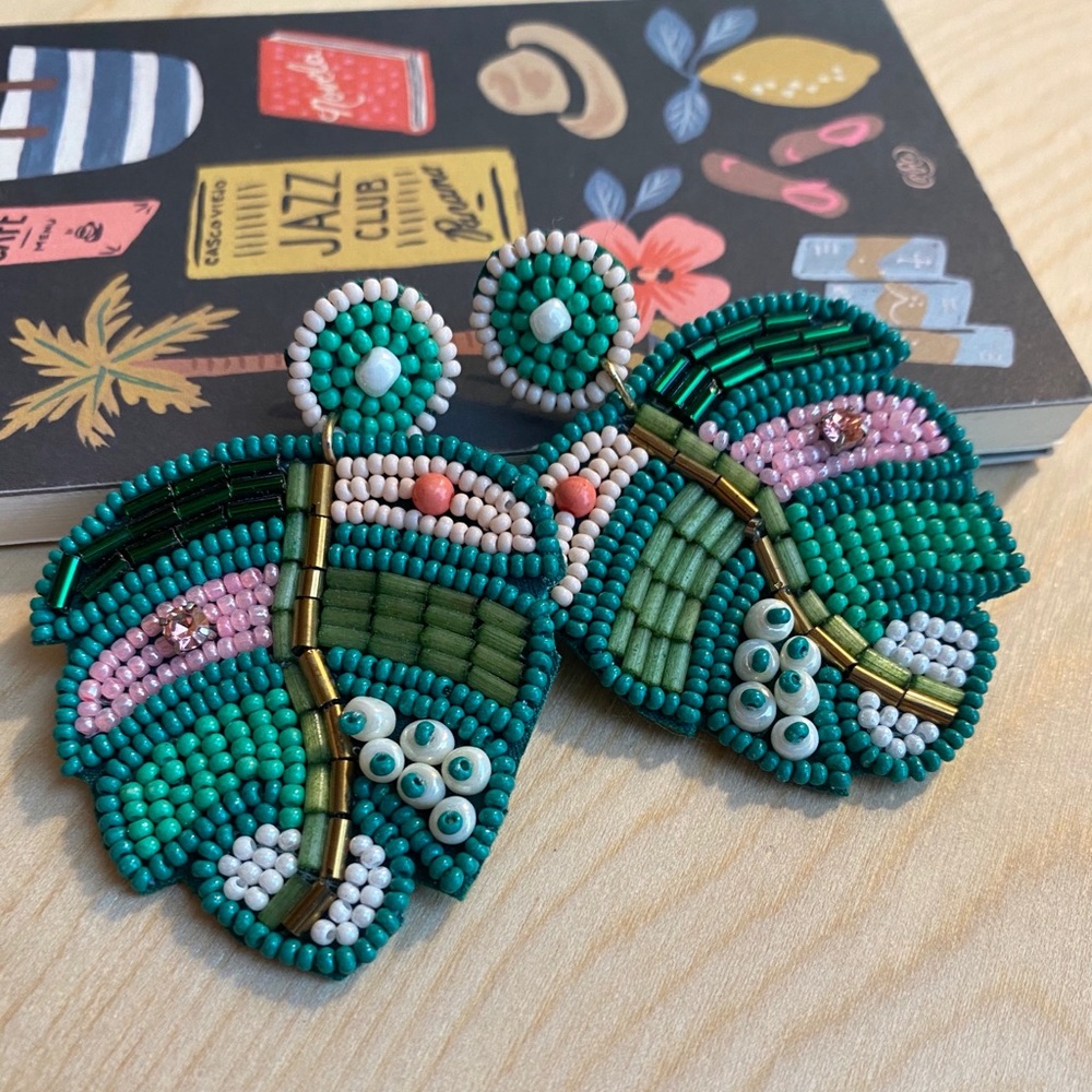 Palm Leaf Beaded Earrings -Pink Green White